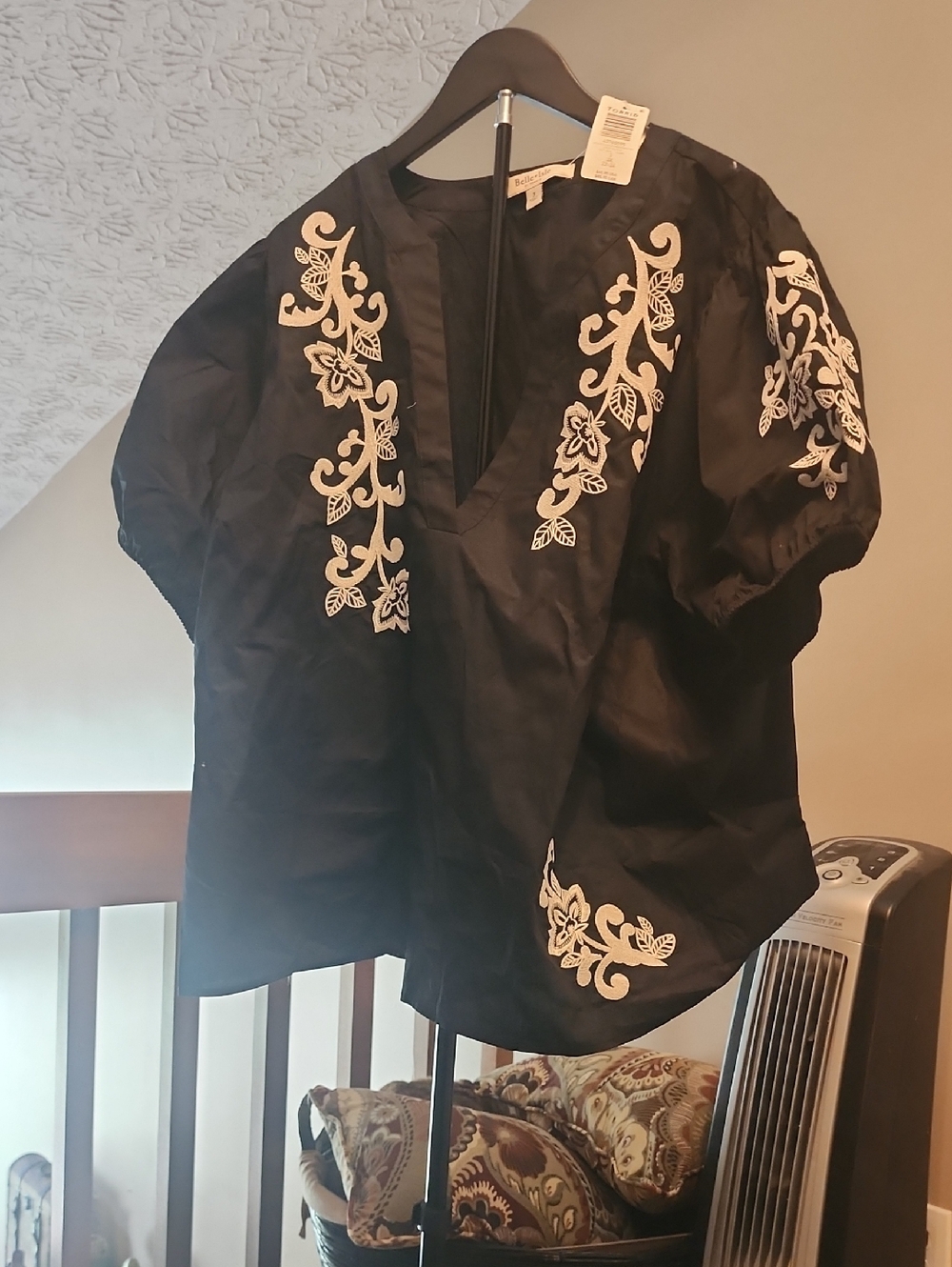 torrid Black Short-Sleeve Shirt with White Floral Embroidery Accents